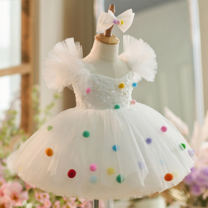 Boutique Robe de soirée princesse pour filles Robe <span class=keywords><strong>tutu</strong></span> blanche à manches bouffantes avec <span class=keywords><strong>pois</strong></span> colorés Robes d'anniversaire de demoiselle d'honneur - Product Image 1