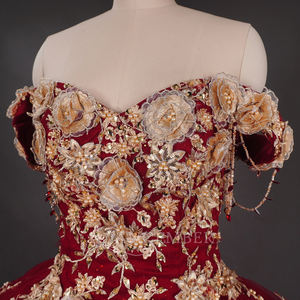 Robes de Quinceañera WC043 rouge or, appliques en dentelle, style charro mexicain, pour Quinceañera, Sweet 15, en mousseline antistatique naturelle, pour fête - Product Image 3