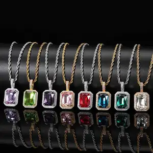 Punk Hiphop Multi-color CZ Gemstone Square Crystal Large Gemstone Men Necklace Square Gemstone Charm Pendant