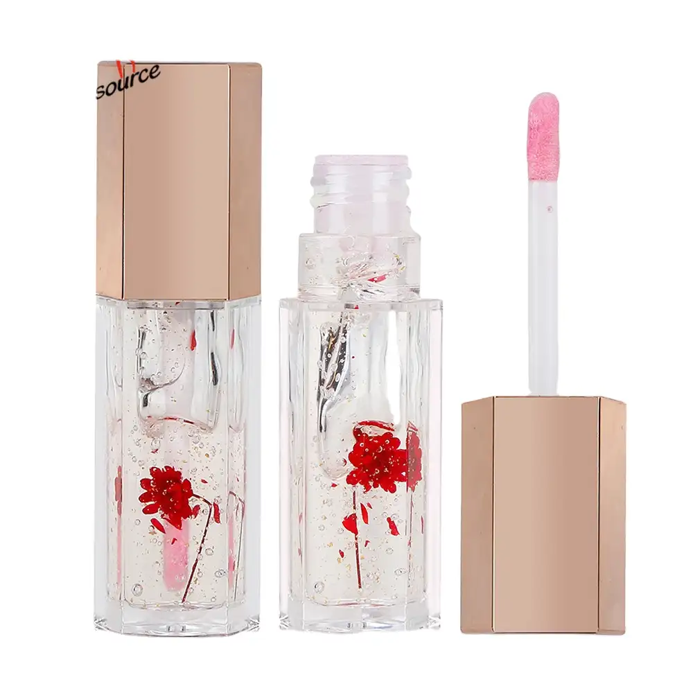 Gloss de labios de marca privada, brillo de labios transparente, hidratante de flores, resistente al agua