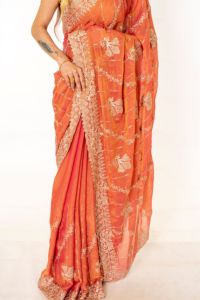 Premium <b>Orange</b> Silk <b>Saree</b> with Elegant Gold Embroidery Traditional Indian Ethnic Wedding Festive Party Wear Floor Length Regular - Product Image 3