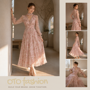 Robe décontractée ample à manches longues et col en V pour femmes, fabrication sur mesure OEM ODM, fabricant de vêtements à marque privée, faible MOQ - Product Image 2