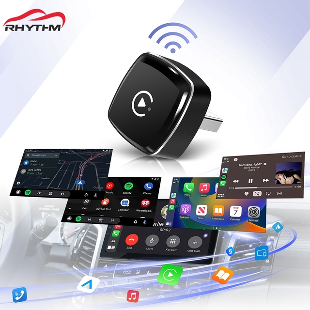 Rhythm Portable Auto BT Adapter Dongle Wireless CarPlay for Android Cars with Automatic Connection and USB for Cars
