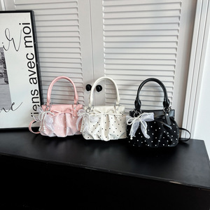Women Polka Dot Handbag Pleated <b>Bow</b> Decor Small Tote Bag Removable Strap Crossbody Shoulder Bag For Daily Use - Product Image 1