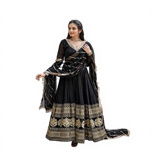 Vestido Anarkali Negro Estilo Bollywood de Moda, Bordado de Lujo con Hilo Dorado, Ropa Étnica India y Pakistaní Informal para Invierno y Verano - Product Image 1