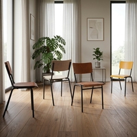 Chaise de salle à manger industrielle traditionnelle en chêne massif avec cadre métallique, assise et dossier en contreplaqué courbé, empilable, pour cuisine et maison, vente en gros