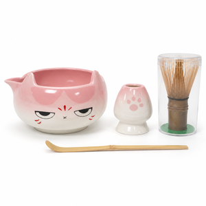 SKYJOY 4-Piece Japanese Design Pink Cat Face Porcelain Matcha Set Spouted Chawan Chasen Holder Bamboo Whisk Scoop for Matcha - Product Image 6