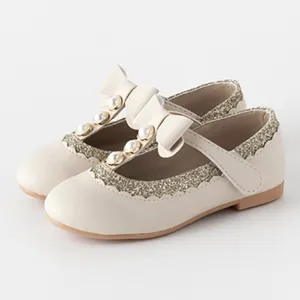 Personalized Bowknot Pearl T-Strap Princess Shoes Litter Girl Wedding Dress Mary Jane Flat