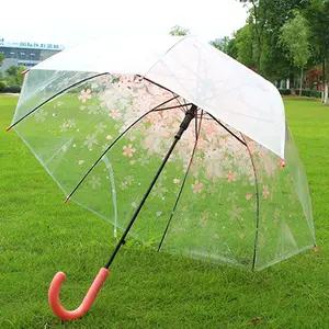 DD841 Lange Handvat Helder Regen Paraplu Dome Cherry Bloem Afdrukken Rechte Paraplu Bruiloft Transparante Fotografie Paraplu
