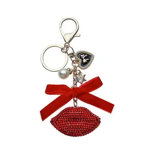 Wholesale Hot Sale Fashion Key Chain For Women bag Pendant Car Rhinestone lip shape bow Key Ring Bag Purse Charm bling keychain