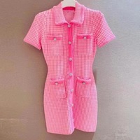 NNR Nouveau Design Robes Décontractées Elégantes Femmes Été Rose Bouton Décoration Mini Femmes Robes Tricotées