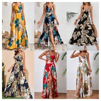 Robe décontractée d'été pour femme, style plage, en dentelle, col en V, sans manches, coupe trapèze, en Spandex/Polyester, imprimé tropical, lavable en machine