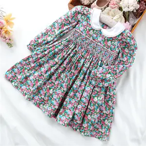 Baby Girl Smocked Wholesale Children Clothes Long Sleeve Flower Baby Girls Smocked Dresses Party Birthday Floral Fall Kids Clothing Casual B41570
