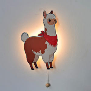 Decoración de pared de madera de Alpaca, luz de pared LED para guardería, interruptor de cable de tracción con pilas <span class=keywords><strong>AA</strong></span>, luz nocturna de diseño Animal para niños - Product Image 1
