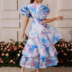 Elegante Vestido de Noche Largo con Estampado Floral, Cuello en V, Mangas con Volantes y Cintura Imperio - Product Image 3