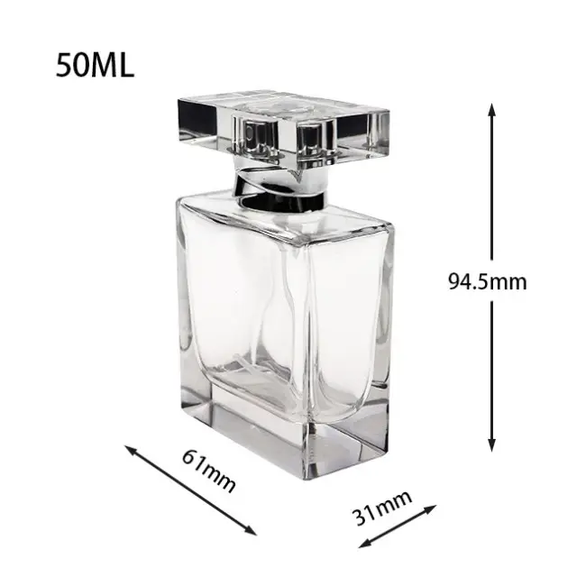 Commercio all'ingrosso di vuoto 50ml di forma quadrata spray trasparente bottiglia di profumo di vetro con mist spray cap