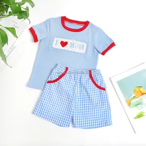 Custom Design Smocked Clothing Sets for Children I LOVE MOM Embroidery on Cotton Boys Outfits for Mother's Day