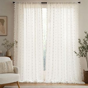 COSENNATUR Rideau en gaze de polyester avec passe-tringle et franges à pompons, motif à pois texturés, filtrant la lumière, vente en gros - Product Image 6
