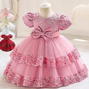 0-5 Jaar Baby Meisje Puff Mouw Jurk Wit Kastanjebruin Roze Champagne Ceremonie Kostuum Tutu Rok Pailletten Kinderen Strik Prinses Jurk