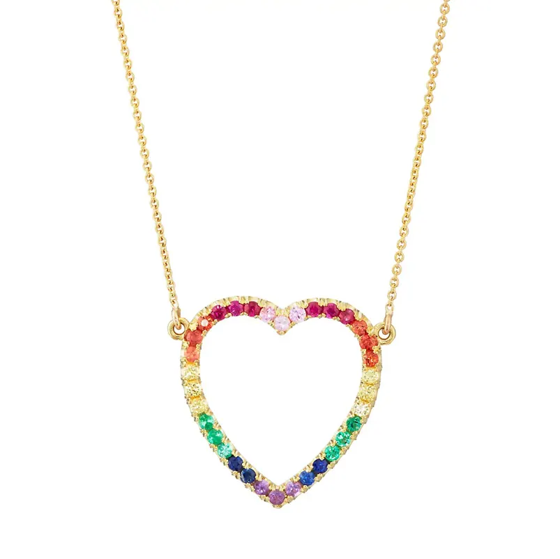 Gemnel 925 Sterling silver plated gold jewelry rainbow love heart minimalist long chain necklace real gold