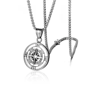 定制设计男士珠宝316不锈钢银色金色指南针十字架吊坠项链