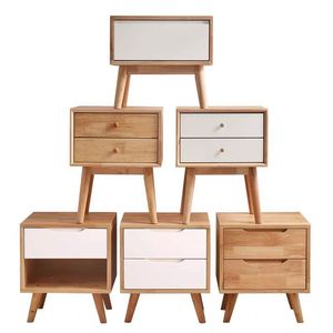 Mesita de noche nórdica de madera maciza con 2 cajones, muebles de dormitorio, color madera clara, diseño moderno - Product Image 2