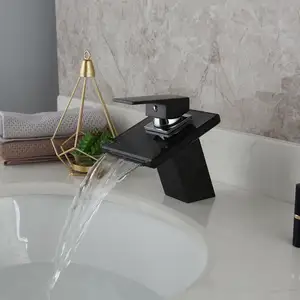 JIENI-grifo de baño de vidrio negro ORB montado en cubierta de latón sólido, lavabo, grifo de lavabo, mezclador