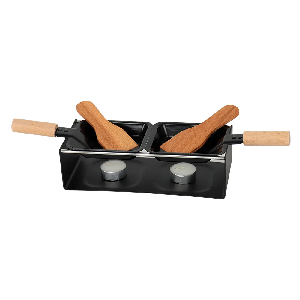 Mini padella per formaggio di vendita calda di alta qualità strumenti antiaderenti Set di padelle 2 forni con manico in legno griglia per formaggio Raclette