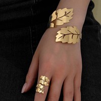 Ensemble bague et bracelet feuille ajourée, style exagéré et minimaliste, bijoux de main ajustables pour femme