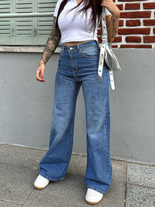 <span class=keywords><strong>Pantalon</strong></span> en jean droit vintage décontracté pour <span class=keywords><strong>femme</strong></span>, taille haute, jambe large, long, extensible, <span class=keywords><strong>motif</strong></span> uni, lavable, haute qualité - Product Image 1