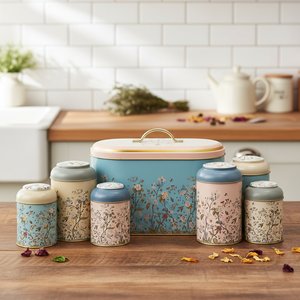 Set da Cucina Kontensan 7 Pezzi in Scatole Rotonde di Latta con Coperchio a Cupola, Disegni Floreali e Botanici in Blu Pastello - Product Image 3