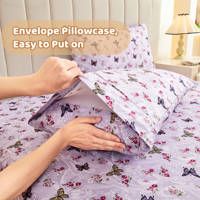 Ensemble de draps de lit en microfibre de haute qualité, 4 pièces, violet, motif papillon, avec taies d'oreiller