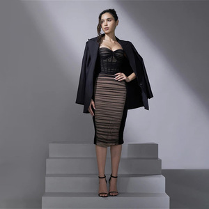 Vestido Bodycon de Malla con Diseño de Espina de Pescado Estilo Europeo-Americano, Escote Corazón, Largo Midi, Capa Transparente, Translúcido, para Fiesta y Club, para Mujer - Product Image 2