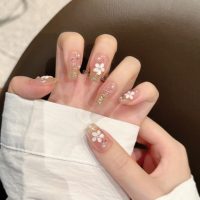 Ensemble de 10 faux ongles en ABS à presser, motif fleurs peintes à la main, perles, design artisanal, pour les doigts, 2088