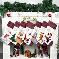 Chaussettes de Noël en polyester rouge et blanc, bordure tricotée, broderie de dessins animés, Père Noël, chiot, chaton, pingouin, sapin de Noël, bonbons de Noël