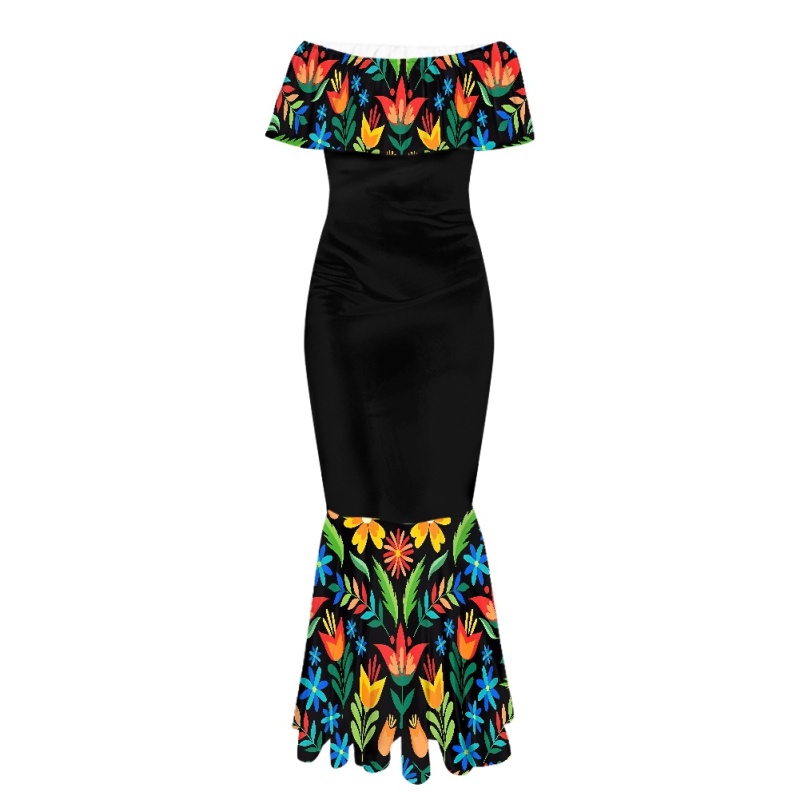 Custom Off Shoulder Mexican Flower Long Mermaid Dress Mexico Summer  Strapless Pleated Ruffle Sleeve Party Evening Dresses Women| Alibaba.com