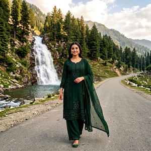 Robe traditionnelle pour femmes en coton brodé vert, longueur cheville, tenue décontractée, coupe régulière, style Inde Pakistan - Product Image 1