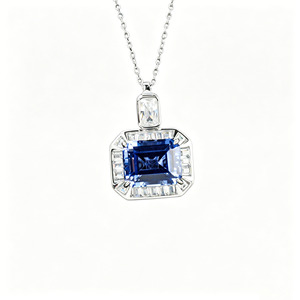 925 silver emerald cut sapphire pendant vintage collarbone chain - Product Image 1