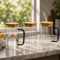 Gelas Kopi Tahan Panas, Cangkir Teh, Cangkir Dessert, Cangkir Air, Mug Minum dengan Tutup Bambu dan Sedotan