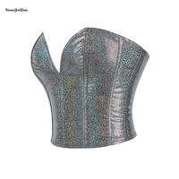 Grande taille S-xxxl dos dentelle serré court Bustier scintillant paillettes femmes cuir synthétique Corset haut court argent