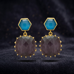 Nouvelle Arrivée Boucles d'Oreilles Pendantes Ethniques en Améthyste et Calcédoine Bleue Hydro, en Alliage Métallique Précieux Plaqué Or, Faites à la Main, pour Fiançailles - Product Image 3