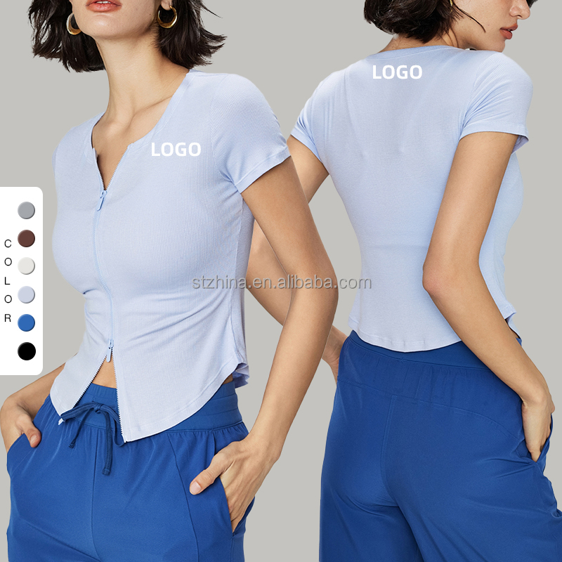 Slim-fit Sports T-shirt Women's Round Neck Zipper Skin-friendly Soft Fabric Yoga Dress Casual Fitness Short Sleeve
