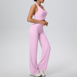 Wholesale Halter Neck Yoga Set Women Backless Sports Bra Straight Leg Pants Seamless Stretchy Nylon Elastane Gym Fitness Outfit - Product Image 2