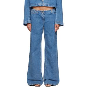 Custom Low Rise Baggy Fit 100% Cotton Non-Stretch Denim Jeans <b>Women</b> Blue Faded Wide Leg Jeans - Product Image 3