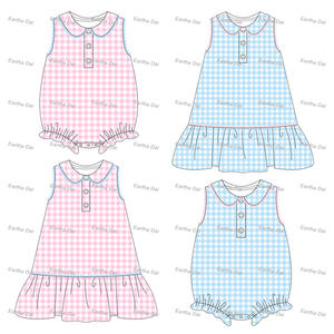Ropa para niños verano cuello Peter Pan vestidos para niñas pequeñas vestido tejido gingham para niños niña Pascua - Product Image 1