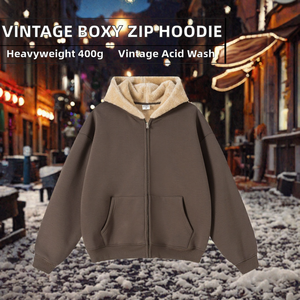 Vintage Boxy Zip Up <b>Hoodie</b> <b>Men</b> Heavyweight Terry Sweatshirt <b>Sherpa</b> Lined Oversized Streetwear Custom Logo - Product Image 2