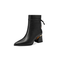 Sepatu Boots Wanita Kulit Sapi Asli Model Slip-On Renda Warna Cokelat Ujung Runcing Hak Tebal untuk Musim Gugur dan Dingin