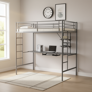 Cama alta metálica tamaño twin con escritorio y estantes de almacenamiento, barandillas de seguridad de longitud completa para adolescentes, diseño moderno - Product Image 2