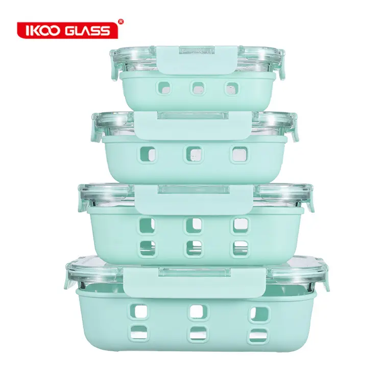 IKOO جديد تصميم واضح زجاج بوروسيليليك مرتفع الغذاء الحاويات مع واضحة مللي البلاستيك غطاء و حماية سيليكون كم على الزجاج