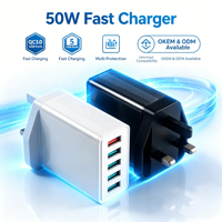 Chargeur mural USB-A personnalisé OEM 50W, adaptateur d'alimentation à charge rapide 5 ports, chargeur de voyage QC3.0 pour iPhone, Samsung, téléphone portable Android